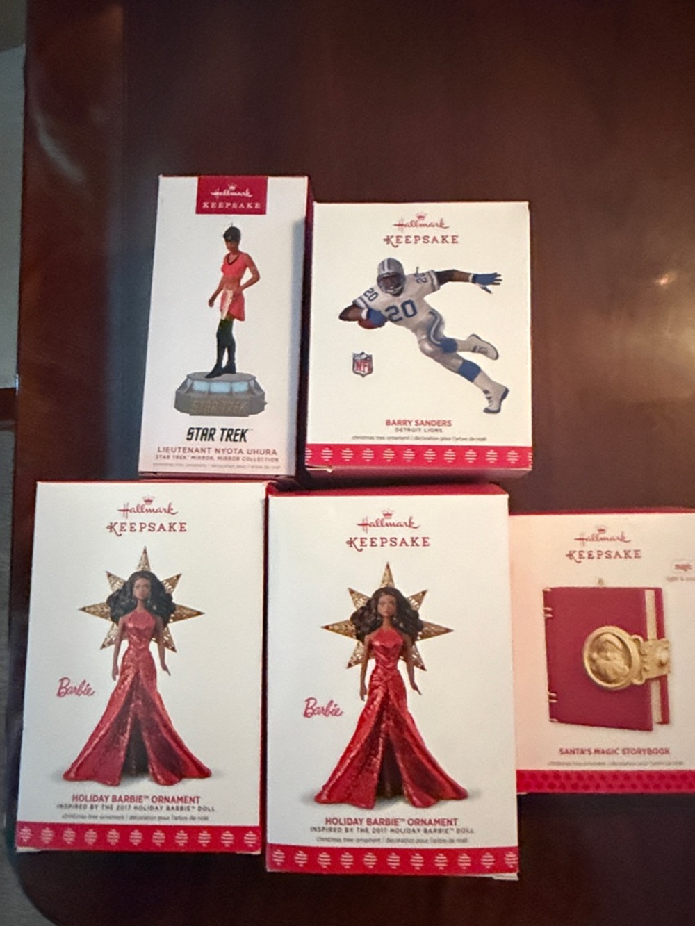 Five Hallmark Keepsake Holiday Barbie Ornaments in Red and Gold